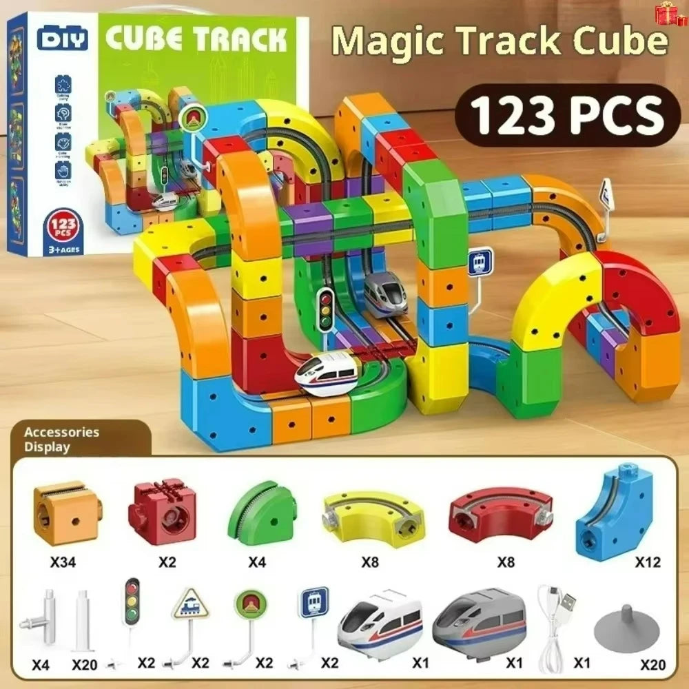 Electric Track Building Set, 100+ PCS DIY STEM Railway Model, Creative Construction Toy Gift for Kids